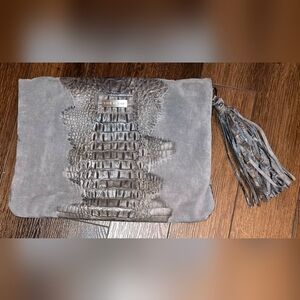 Tylie Malibu Gray Crocodile-Embossed Suede Clutch